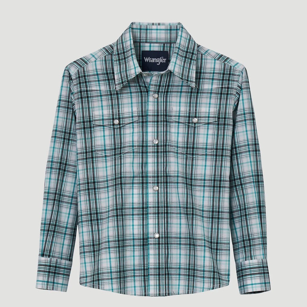 NWT Wrangler Classic Fit Boys L/S Aqua Plaid Pearl Snap Western Shirt. Sz XXL